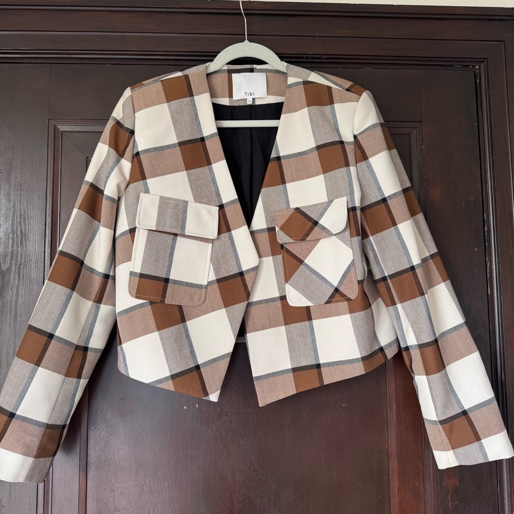 Tibi Dylan Plaid Crop Jacket, Size 10